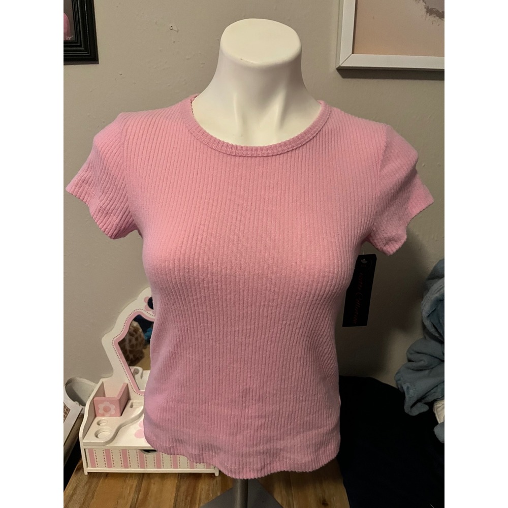 Suzette Collection‎ Pink Ribbed Short Sleeve Crew Neck Top M/L NWT